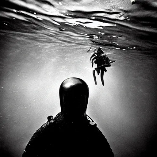 Image similar to Close up underwater photo of a medieval knight by Trent Parke, clean, detailed, Magnum photos