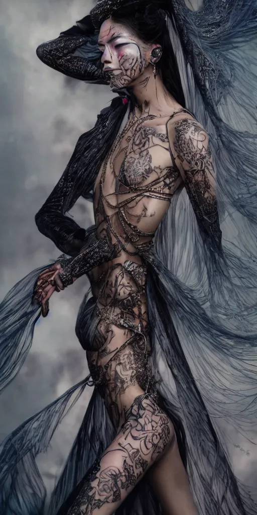 Image similar to hyperrealistic futuristic high fashion photography, girl in studio, by luis royo, asian, vogue magazine, nomad masterpiece, neon lights, smoke, covered in veils, beautiful intricate face and flawless skin, tribal jewelry, tattoos, by Edgar Maxence and Ross Tran and Michael Whelan, 8k, octane render