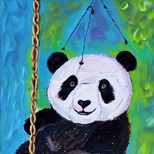 Image similar to beautiful and adorable and cute acrylic! impasto! painting of a sad, crying panda bear on a playground swing