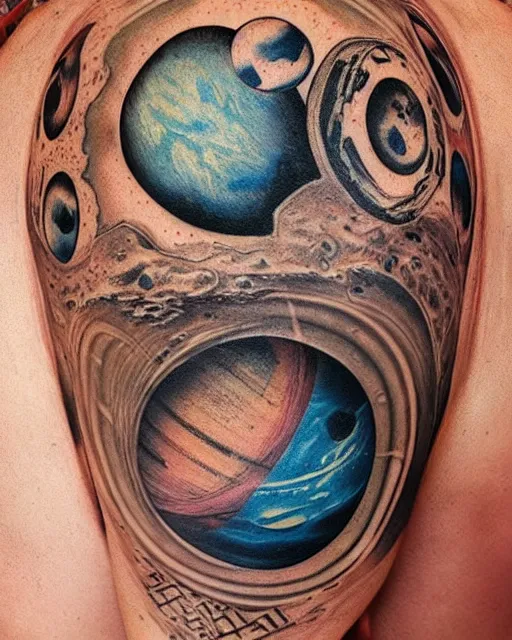 Image similar to planets on the top of a broken renaissance head statue, realism tattoo design, in the style of matt jordan