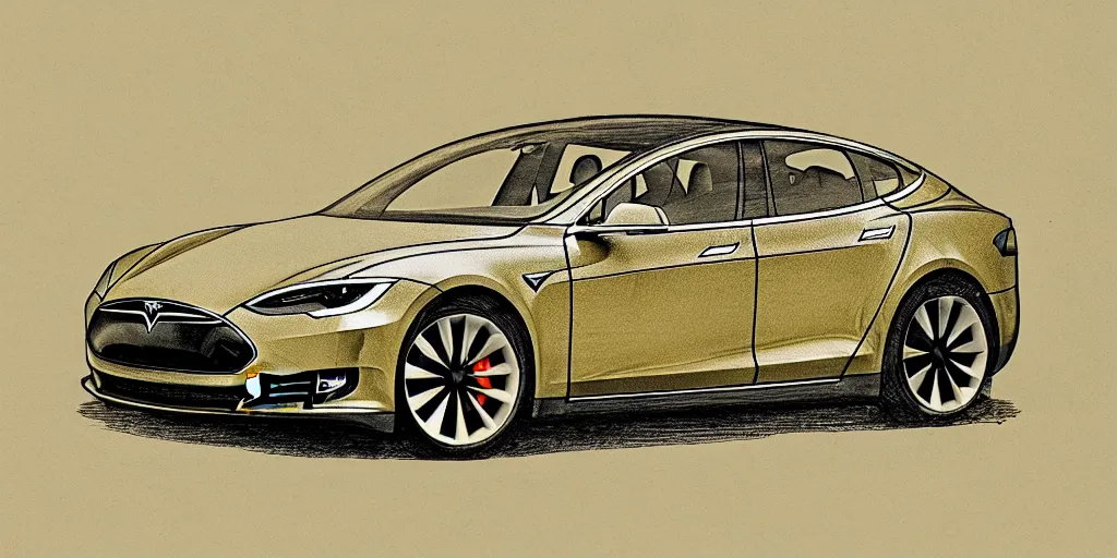 Prompt: tesla model s, yellowed paper, pen and ink, 1 5 0 0 s, 8 k resolution