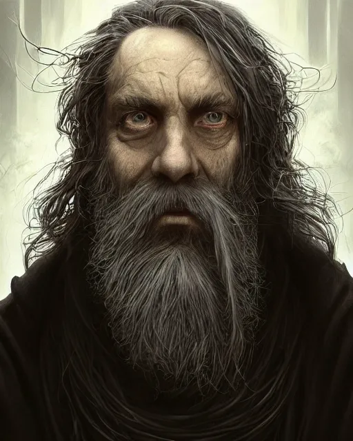 Image similar to portrait of a 6 0 - year - old giant man with long tangles of bushy black hair and beard hiding most of his face, wearing in black cloak, hyper realistic face, beautiful eyes, character art, art by mark brooks, hyperdetailed, cryengine, trending on artstation, digital art