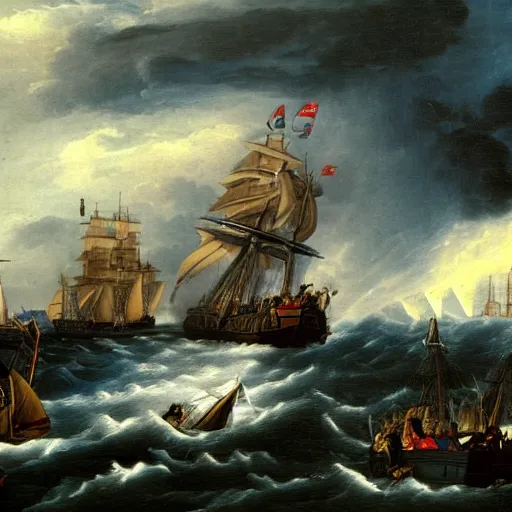 Image similar to trafalgar naval battle, stormy weather