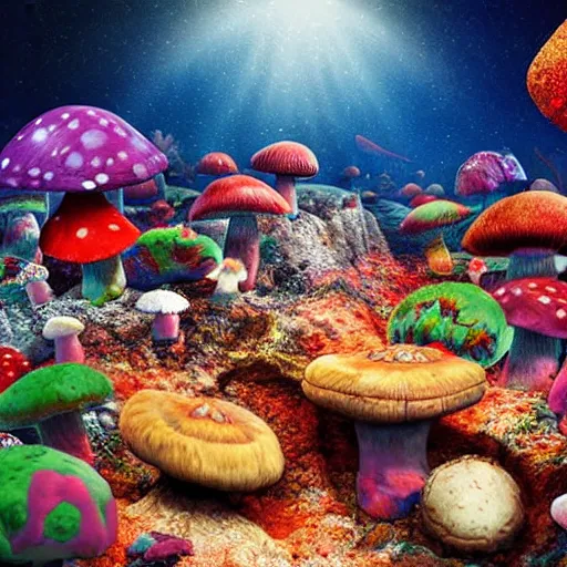 Prompt: Mushroomtopia; by Sea Juan; Art Direction by James Cameron; epic dream state; grand; sever landscape;