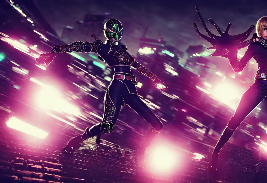 Image similar to huge belt, female kamen rider, hero action pose, human structure, full body hero, intricate detail, hyperrealistic art and illustration by a. k. a limha lekan a. k. a maxx soul and alexandre ferra, global illumination, blurry and sharp focus, on future tokyo night rooftop, frostbite engine