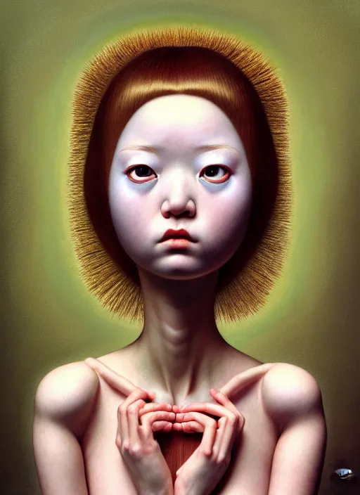 Image similar to hyper detailed 3d render like a Oil painting female kawaii portrait by Jacek Yerka, Ray Caesar, Benjamin Lacombe,Mariusz Lewandowski, Houdini algorithmic generative render, Abstract brush strokes, Masterpiece, Edward Hopper and James Gilleard, Zdzislaw Beksinski, Mark Ryden, Wolfgang Lettl, hints of Yayoi Kasuma, octane render, 8k