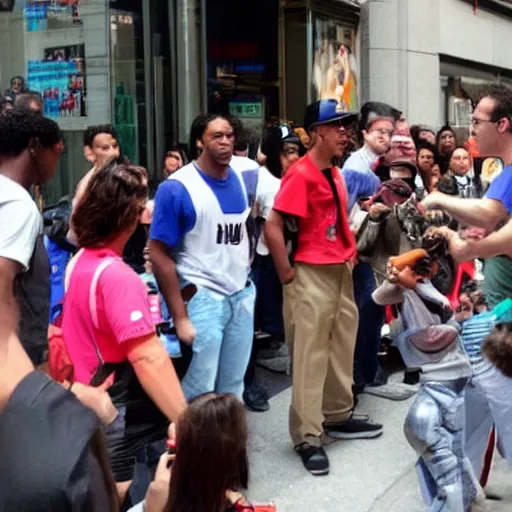 Image similar to supermario in NYC streets and crowded by people who waits for his autograph