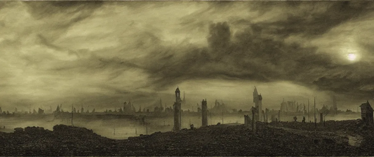 Prompt: an engraving of the shadow over innsmouth, lovecraftian atmosphere, caspar david friedrich, foggy, depth, strong shadows, stormclouds, illuminated focal point, highly detailed