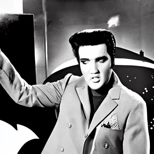 Prompt: elvis guest starring on the batman television series ( 1 9 6 6 ), 3 5 mm production still,