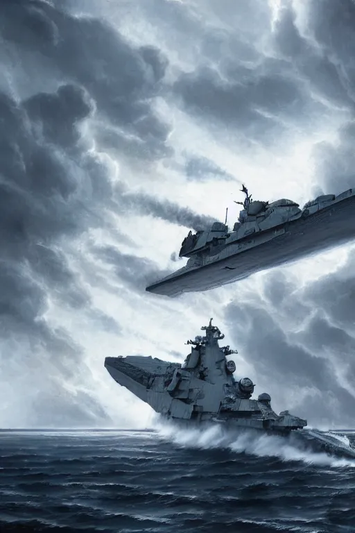 Prompt: aircraft destroyer In a a ocean storm, dramatic lighting, cinematic, establishing shot, extremly high detail, foto realistic, cinematic lighting, post processed, concept art, artstation, matte painting, style by eddie mendoza, raphael lacoste, alex ross