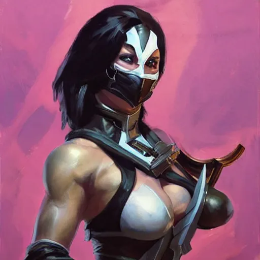 Image similar to greg manchess portrait painting of mileena from mortal kombat wearing a halfmask as overwatch character, medium shot, asymmetrical, profile picture, organic painting, sunny day, matte painting, bold shapes, hard edges, street art, trending on artstation, by huang guangjian and gil elvgren and sachin teng