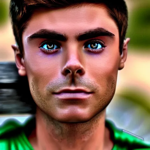 Image similar to “a realistic detailed photo of a guy who is an attractive humanoid who is half robot and half humanoid, who is a male android, Zac Efron, shiny skin, green eyes”