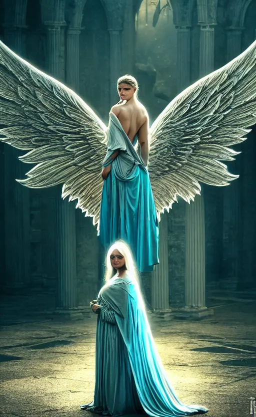 Prompt: angel, big wings, low key light, full plate armor with cloth, f 1 6, bokeh, medium portrait, gentle, female, ornate city ruins, landscape, d & d, fantasy, intricate, elegant, highly detailed, teal white gold color palette, roger deakins, sharp focus, greg rutkowski and alphonse mucha