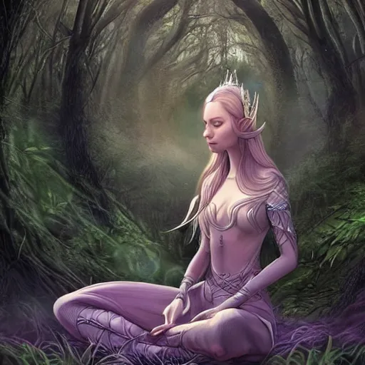 Prompt: elven princess meditating in forest, digital art, trending on artstation, ultra detailed, intricate, sacred geometry, serene, beautiful, photo, realistic, perfect, smooth, moebius, by moebius