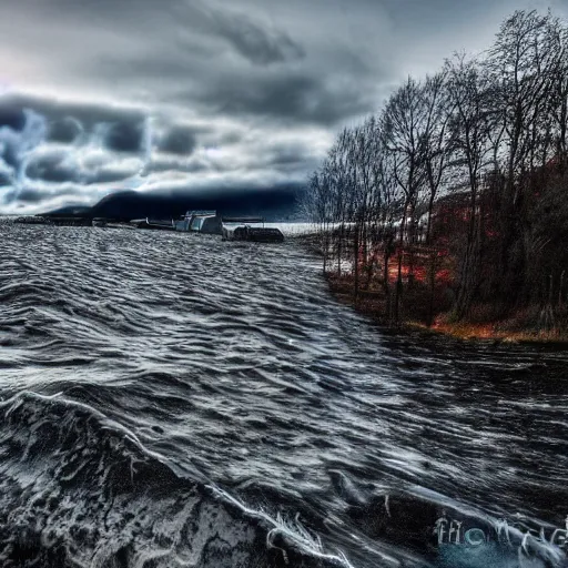 Image similar to tsunami hits bergen norway, real event, realistic, hdr, clear image,