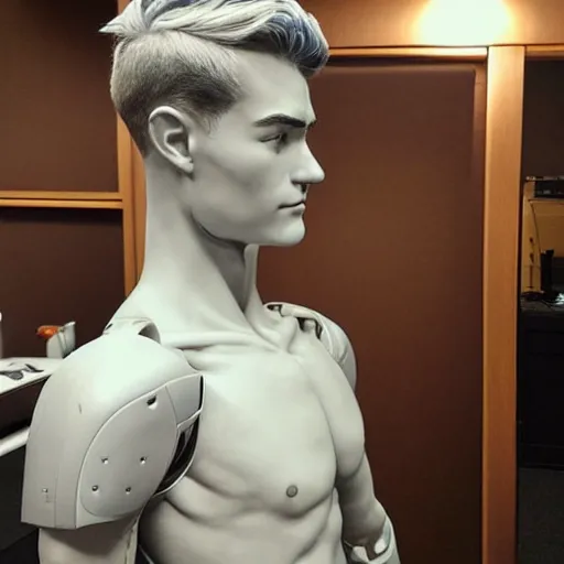 Image similar to “a realistic detailed photo of a guy who is an attractive humanoid who is half robot and half humanoid, who is a male android, twitch streamer Ninja Tyler Blevins, shiny skin, posing like a statue, blank stare, gaming room, close up”