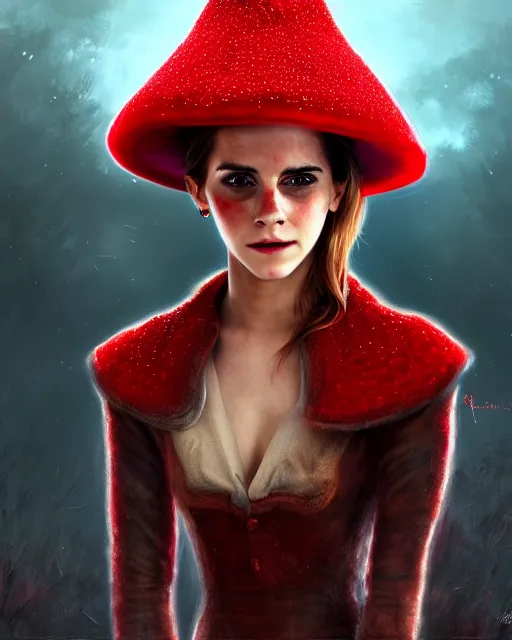 Image similar to highly detailed closeup, of emma watson, dressed in a red mushroom hat and clothes, full face view, on a battlefield, hyper realistic, psychedelic, illustration, digital paint, matte paint, vivid colors, detailed and intricate environment