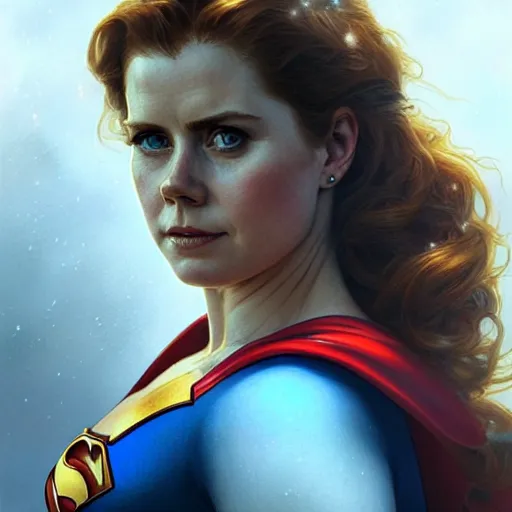 Image similar to beautiful Amy Adams as Superman, western, closeup, D&D, fantasy, intricate, elegant, highly detailed, digital painting, artstation, concept art, matte, sharp focus, illustration, art by Artgerm and Greg Rutkowski and Alphonse Mucha