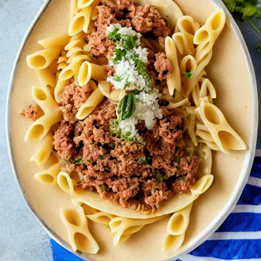 Image similar to photograph of a dish made with sausage, pasta and tacos