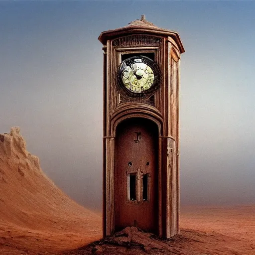 Image similar to a grandfather clock with a distressed face in the middle of the desert, digital painting, by Zezislaw Beksinski, intricate detail, masterpiece, beautiful, gorgeous, 4k wallpaper