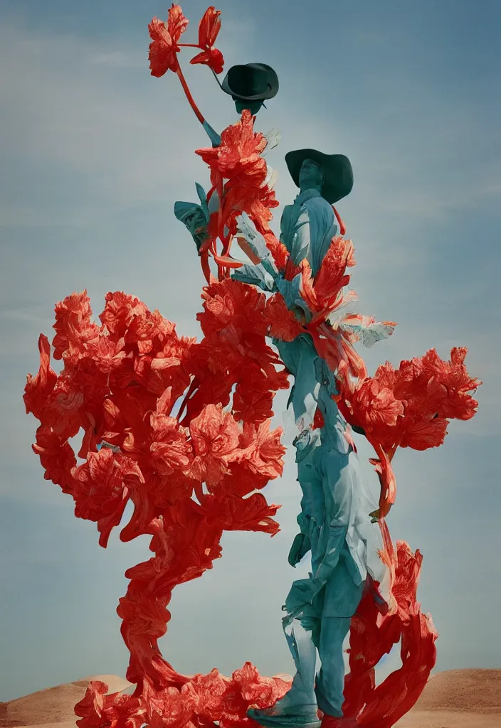 Prompt: a cowboy turning into blooms by slim aarons, by zhang kechun, by lynda benglis. tropical sea slugs, angular sharp tractor tires. complementary colors. warm soft volumetric light. national geographic. 8 k, rendered in octane, smooth gradients. sculpture by antonio canova. red accents.