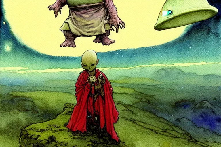 Image similar to a realistic and atmospheric watercolour fantasy character concept art portrait of a short fat chibi alien wearing robes emerging from the mist on the moors of ireland at night. a ufo is in the sky. by rebecca guay, michael kaluta, charles vess and jean moebius giraud