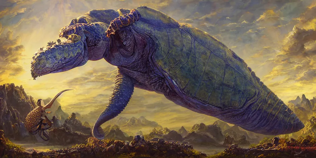 Image similar to fantasy oil painting, great leviathan, cybernetic turtle cephalopod terrapin reptilian pachyderm squid, bella hadid, hybrid, milla jovovich, anubis, epic natural light, lush plants flowers, spectacular mountains, bright clouds, luminous sky, outer worlds, golden hour, michael cheval, edward hopper, michael whelan, vray, hd