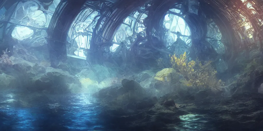 Image similar to an underwater landscape in the abyss, futuristic cathedral underwater, photorealistic, people, fishes, light rays from above the surface, realistic paint, specular light, high contrast, highly detailed, 4k, shallow depth of field, cinematic light, concept art, artstation, art by Enrich Victor, Alphonse Mucha