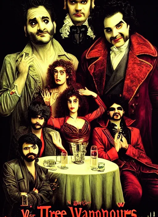 Image similar to old movie poster from 8 0 - s with three vampires from < < what we do in the shadows > > sitting around a table, baroque style art by gustave dore, neon lights in the background, dramatic light