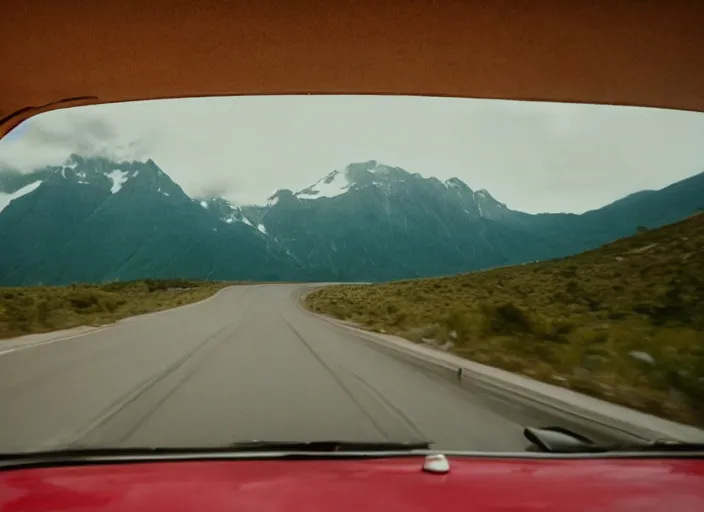 Image similar to A very high resolution image from a new movie, landscape from a car window , mountains, raining, hot, directed by wes anderson