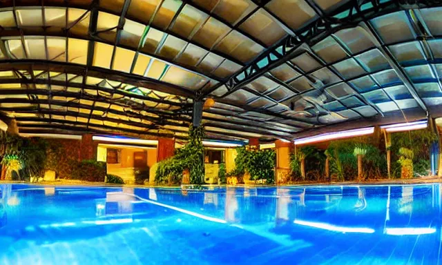 Image similar to indoor pool with ferns and palm trees at night, shops, pool tubes, chromatic abberation, dramatic lighting, dim lighting, horror lighting, depth of field, 80s photo, wideangle, fisheye