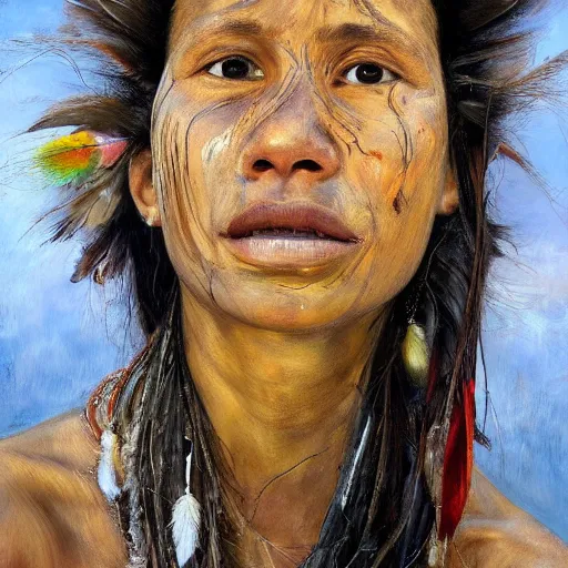 Prompt: high quality high detail painting by jenny saville, hd, a skinny beautiful indigenous woman tribe leader, hair in wind, many pretty feathers, muted colors, cream color, photorealistic lighting