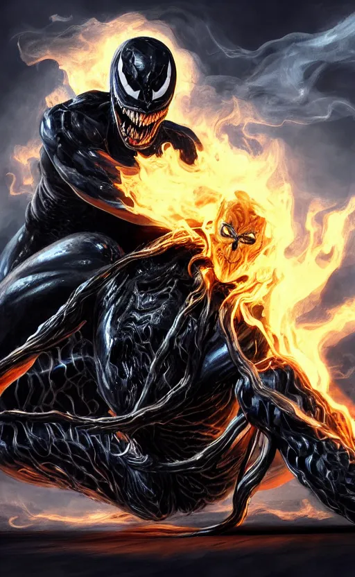 Prompt: venom as ghost rider on a motorcycle, dynamic lighting, photorealistic fantasy concept art, trending on art station, stunning visuals, terrifying, creative, cinematic