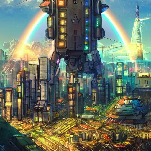 Prompt: a city of light built in the side of a giant robot corpse repurposed to save the planet, set in the distant future, plants, light prisms, rainbow diffraction, steampunk, cyberpunk, warm lights, anime, vhs distortion