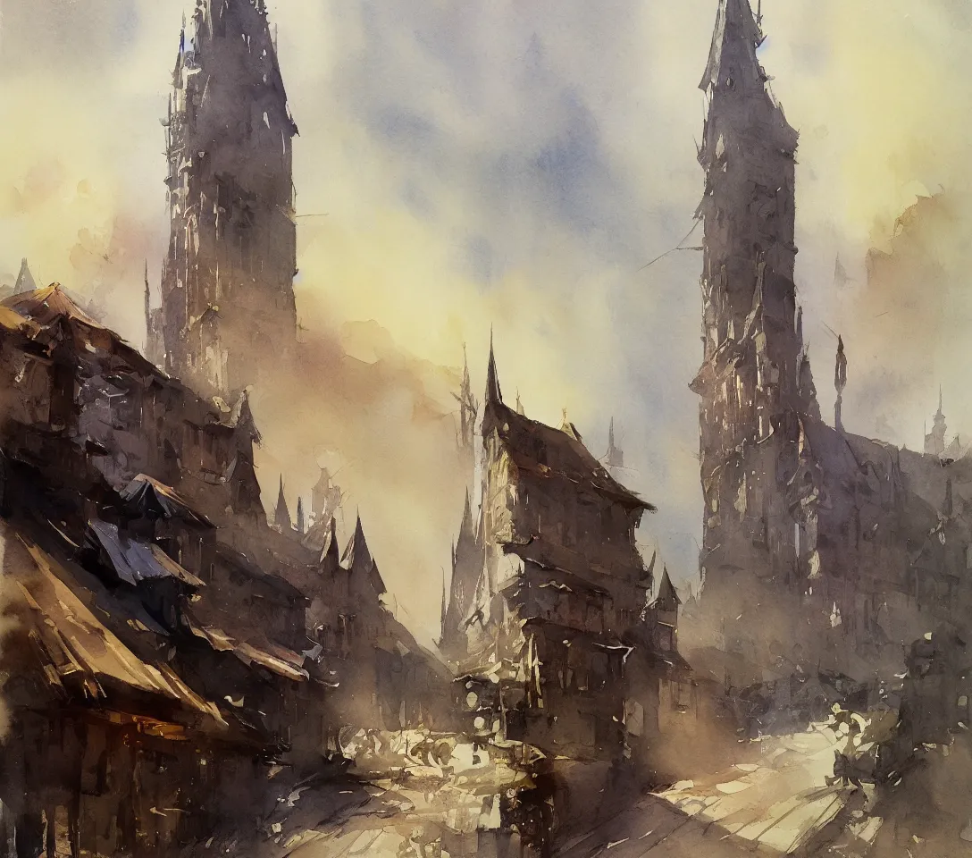 Prompt: small centered on watercolor paper, paint brush strokes, abstract watercolor painting of slavic wooden architecture style giant tower, midday sharp light, dust, cinematic light, american romanticism by hans dahl, by jesper ejsing, by anders zorn, by greg rutkowski, by greg manchess, by tyler edlin