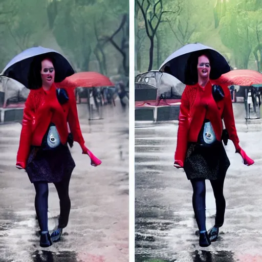 Image similar to katy perry wearing a 1 9 7 0's clothing, walking in central park, raining, photo, realistic, high detail,