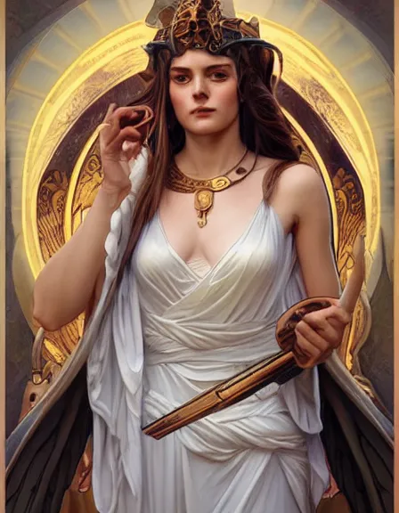 Prompt: athena goddess of wisdom, love, strength, knowledge, portrait, symmetrical, highly detailed, digital painting, artstation, concept art, smooth, sharp focus, illustration, cinematic lighting, strength, art by artgerm and greg rutkowski and alphonse mucha and louis theophile hingre