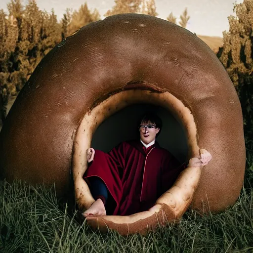 Image similar to harry potter in his robes, laying inside of a giant potato holding his wand, idaho, photography, closeup, midshot, midday, realistic, cinematic, soft lighting