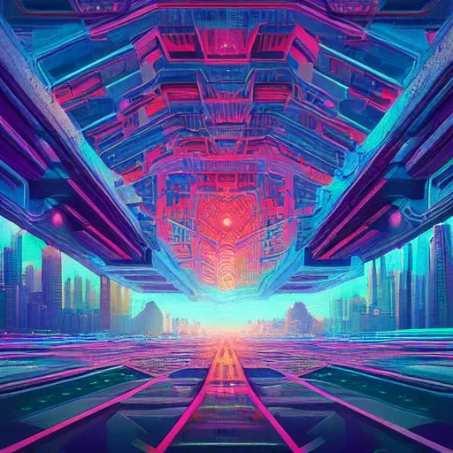 Image similar to matte painting of the sacred geometry of cyberpunk, brilliant colors, extremely detailed, very very detailed, in the style of alena aenami by Alex grey, HD, 4k, 8k