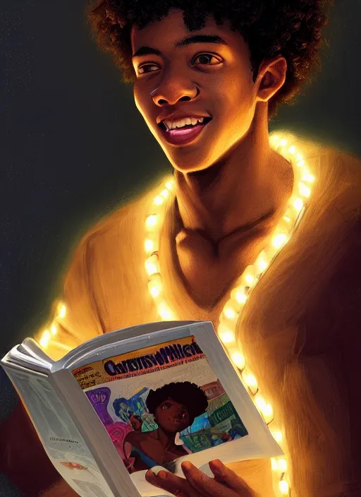 Image similar to portrait of teenage chuck clayton, black teenage boy, short curly hair, short hair square jaw, slight excited smile, reading a comic book, intricate, elegant, glowing lights, highly detailed, digital painting, artstation, concept art, smooth, sharp focus, illustration, art by wlop, mars ravelo and greg rutkowski