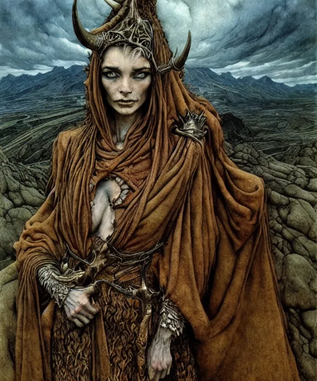 Image similar to A detailed horned dragonwoman stands among the hills. Wearing a ripped mantle, robe. Perfect faces, extremely high details, realistic, fantasy art, solo, masterpiece, art by Zdzisław Beksiński, Arthur Rackham, Dariusz Zawadzki