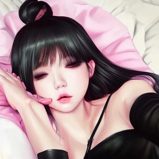 Image similar to realistic detailed semirealism beautiful gorgeous cute Blackpink Lalisa Manoban sleeping, black hair black cat ears, black leather choker, proportional body, WLOP, Aztodio, Taejune Kim, sakimichan, ArtGerm, Pixiv, Instagram, Artstation