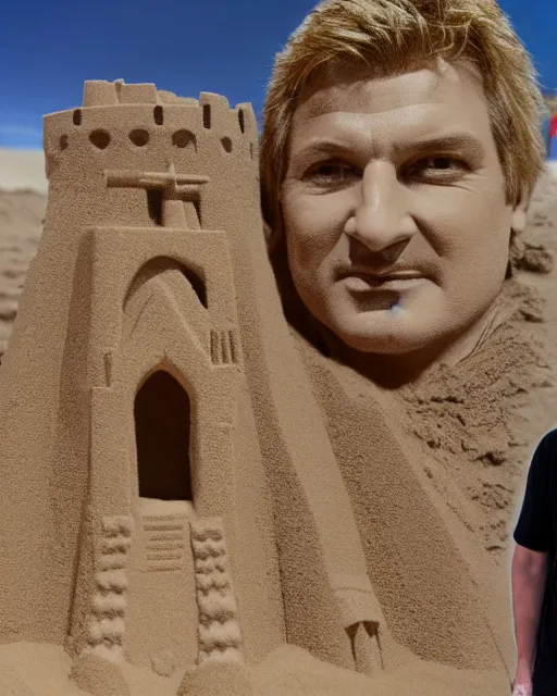 Image similar to a detailed sandcastle with the face of nathan fillion