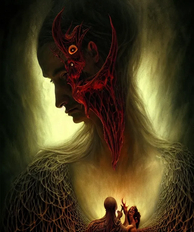 Image similar to epic professional digital art of god's bargain with lucifer, horrific yet beautiful vibe, evocative, atmospheric lighting, painted, intricate, highly detailed, by leesha hannigan, wayne haag, reyna rochin, ignacio fernandez rios, mark ryden, iris van herpen, artstation, cgsociety, stunning, gorgeous, sharp focus, cinematic, masterpiece