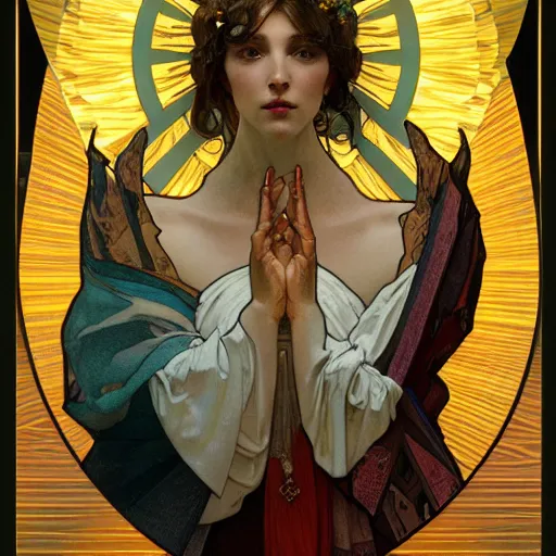 Image similar to a Portrait of A goddess in a church with a holy light emanating from her body by greg rutkowsk and alphonse mucha,In style of digital art illustration.WLOP.hyper detailed,smooth, sharp focus,trending on artstation,4k