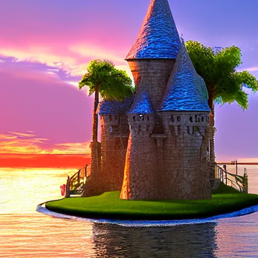 Prompt: Fantasy Castle on island surrounded by waves at sunset