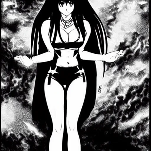 Prompt: Elvira in a dark comic book, the dark goddess summons evil, manga style artwork