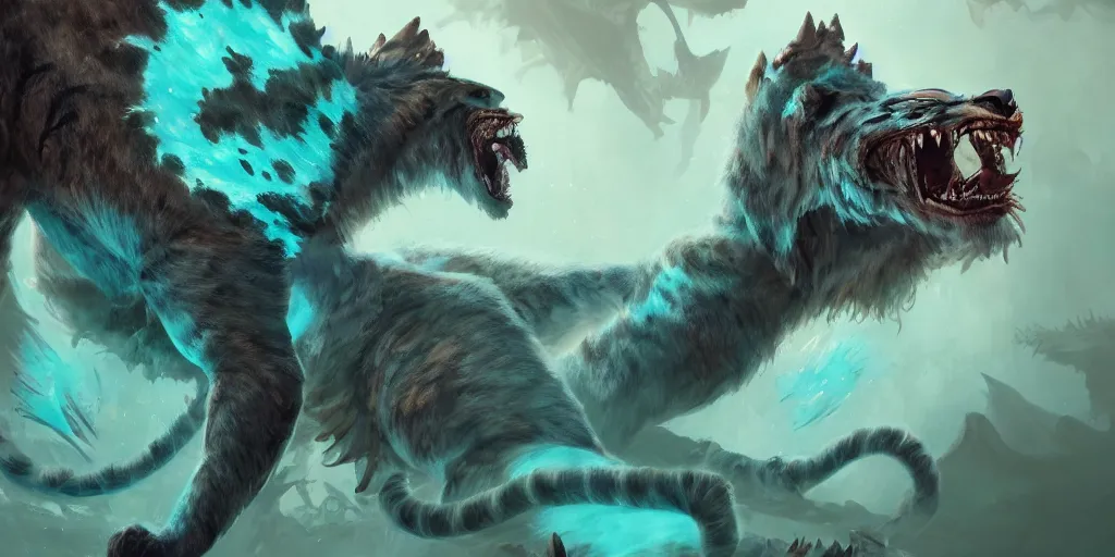 Prompt: Ghostly tiger made out of turquoise energy creature character design sheet, Monster Hunter Illustrations art book, Bright sparks, claws, huge sabertooth fangs, Moebius, Greg Rutkowski, Zabrocki, Karlkka, Jayison Devadas, Phuoc Quan, trending on Artstation, 8K, ultra wide angle, zenith view, pincushion lens effect.