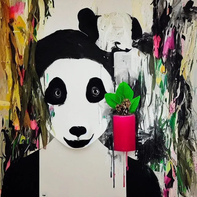 Prompt: “ a portrait in a female art student ’ s apartment, sensual, a panda theme, art supplies, paint tubes, ikebana, herbs, a candle dripping white wax, black walls, squashed berries, berry juice drips, acrylic and spray paint and oilstick on canvas, surrealism, neoexpressionism ”