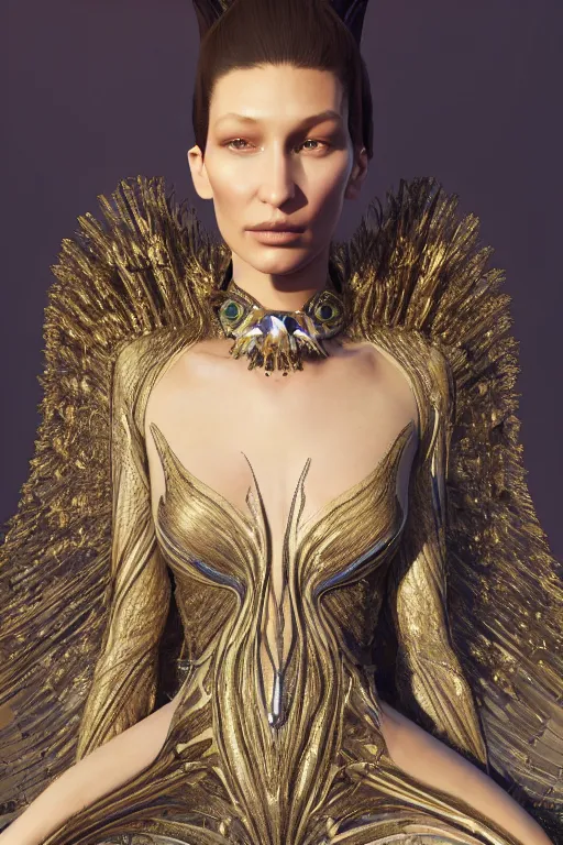 Image similar to a highly detailed 4 k portrait render of a beautiful angel alien goddess bella hadid in iris van herpen dress schiaparelli in diamonds in style of alphonse mucha trending on artstation made in unreal engine 4